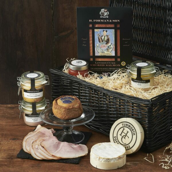 luxury food hamper with smoked salmon, ham and cheese