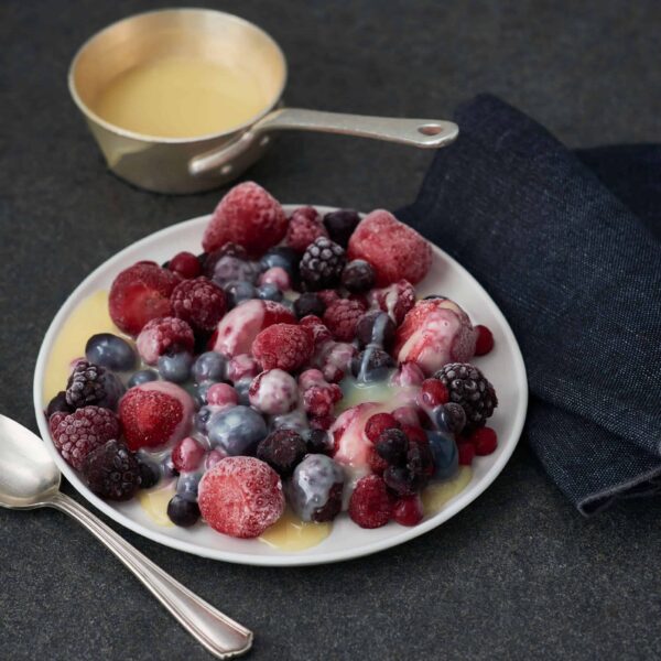 Frozen Berries with White Chocolate Silk Sauce