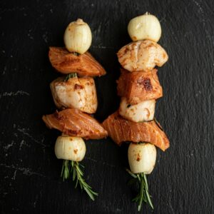 Salmon and Scallop Kebabs in Sun-blush Tomato Oil