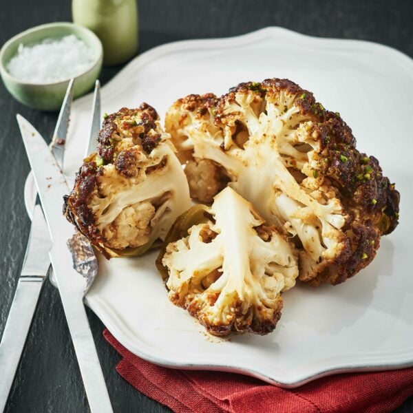 Whole roasted miso cauliflower cut