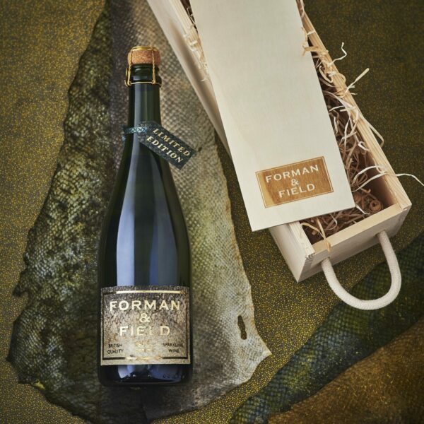 English sparkling wine with smoked salmon leather label