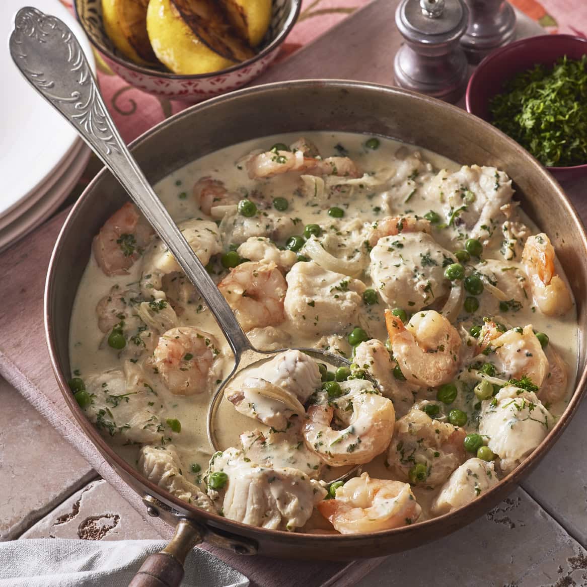 Image of Monkfish & Prawn Fricassee with peas & Parsley